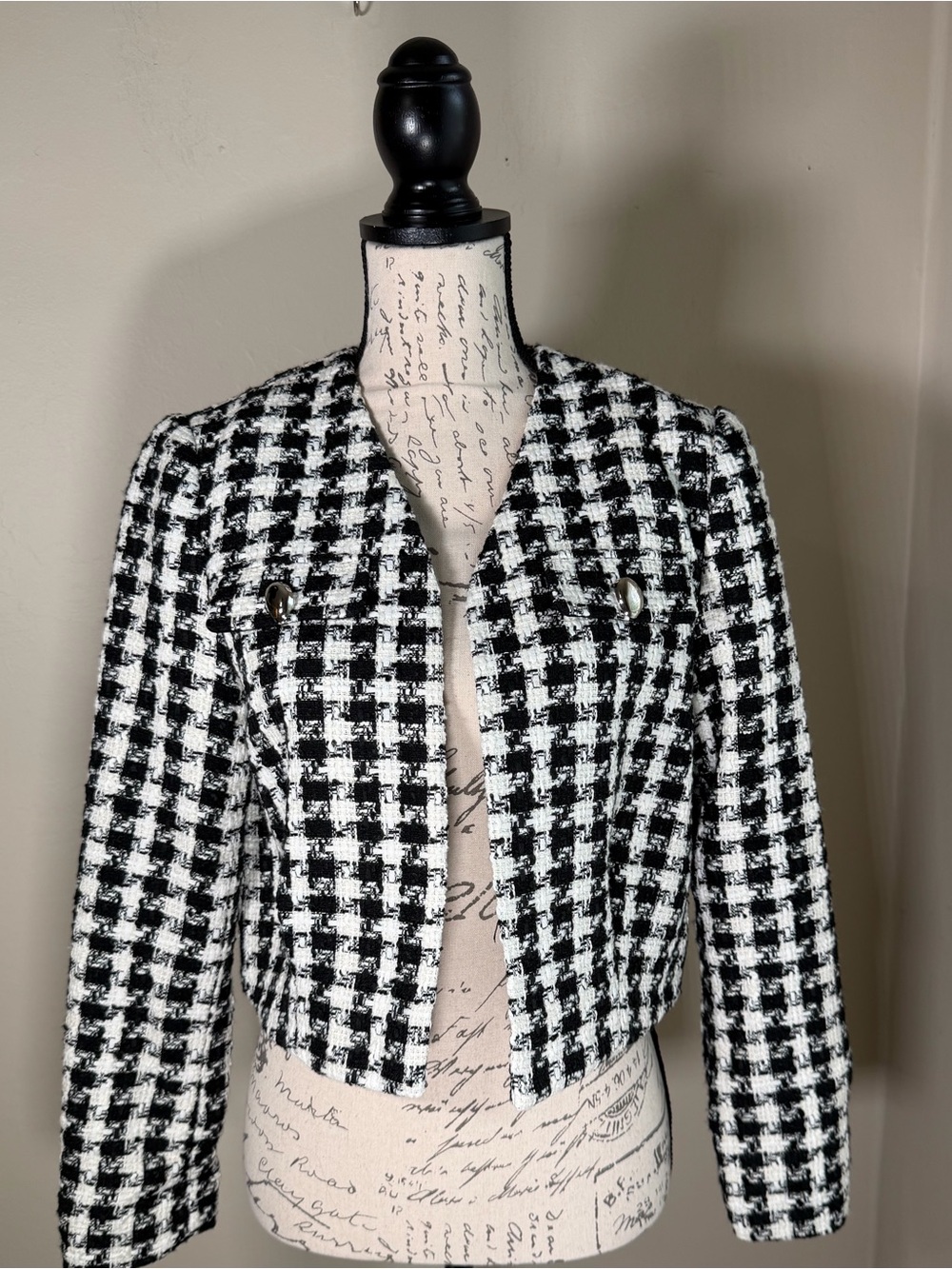 T Tahari Black & White Houndstooth Cropped Jacket - Picture 1 of 11